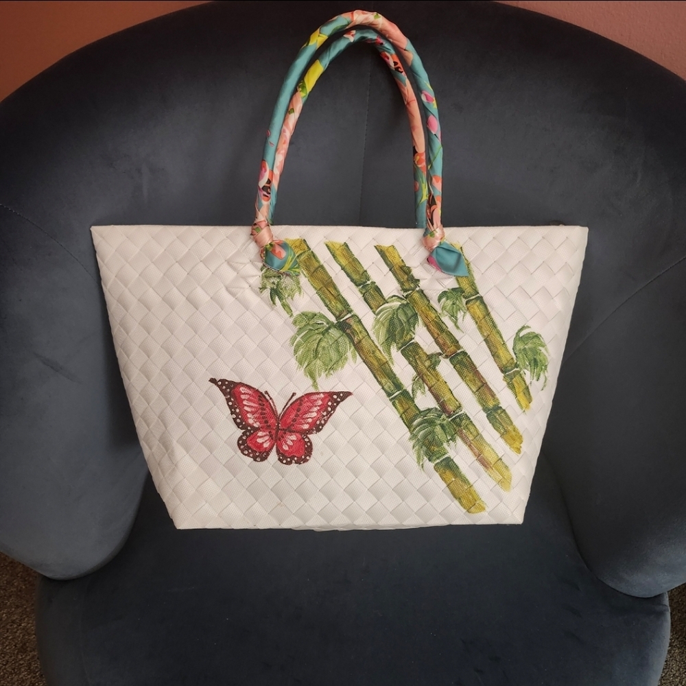 Brand New White Woven Tote Bag with Butterfly and Bamboo Design